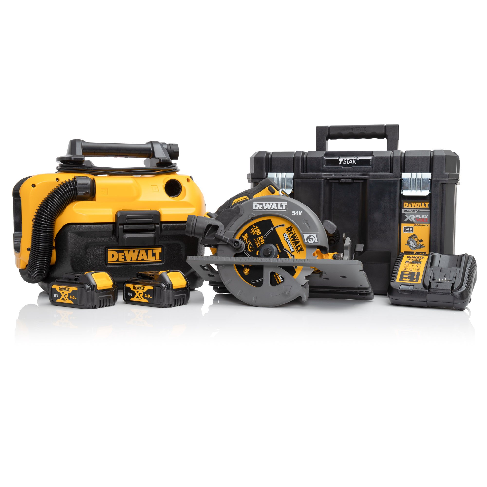 DEWALT DCS576 FLEXVOLT圆形锯和真空套件-2x 4AH电池，充电器和盒子