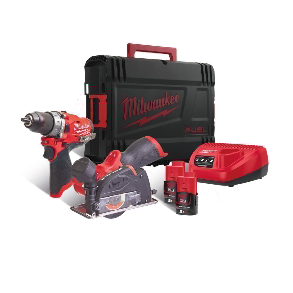 密尔沃基M12FPP2F-202X 12V Combi Drill Cuth Out剪切工具2 x 2AH电池充电器和盒子