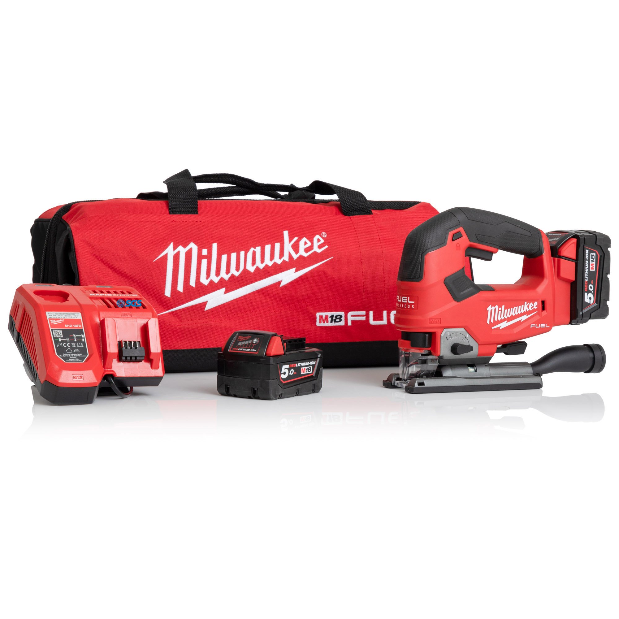 Milwaukee M18FJS-502B FUEL D-Handle Jigsaw 2x 5.0Ah电池充电器和袋子