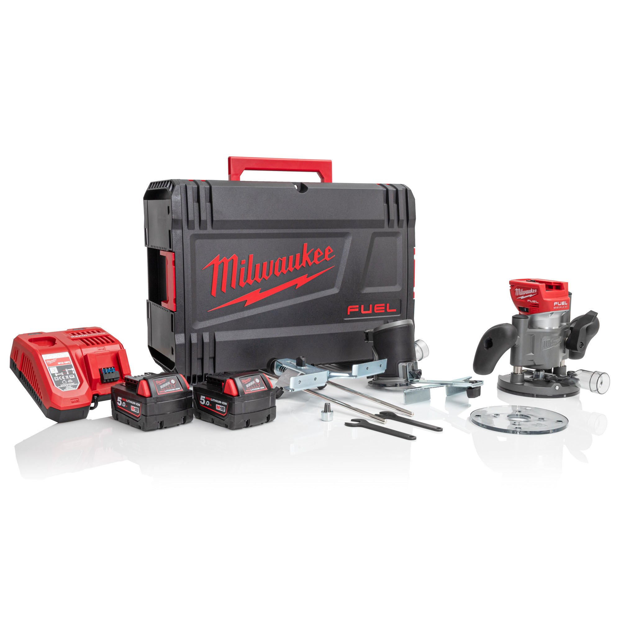 密尔沃基M18FTR-502X FUEL™紧凑修剪路由器2 x 5Ah电池充电器和机箱
