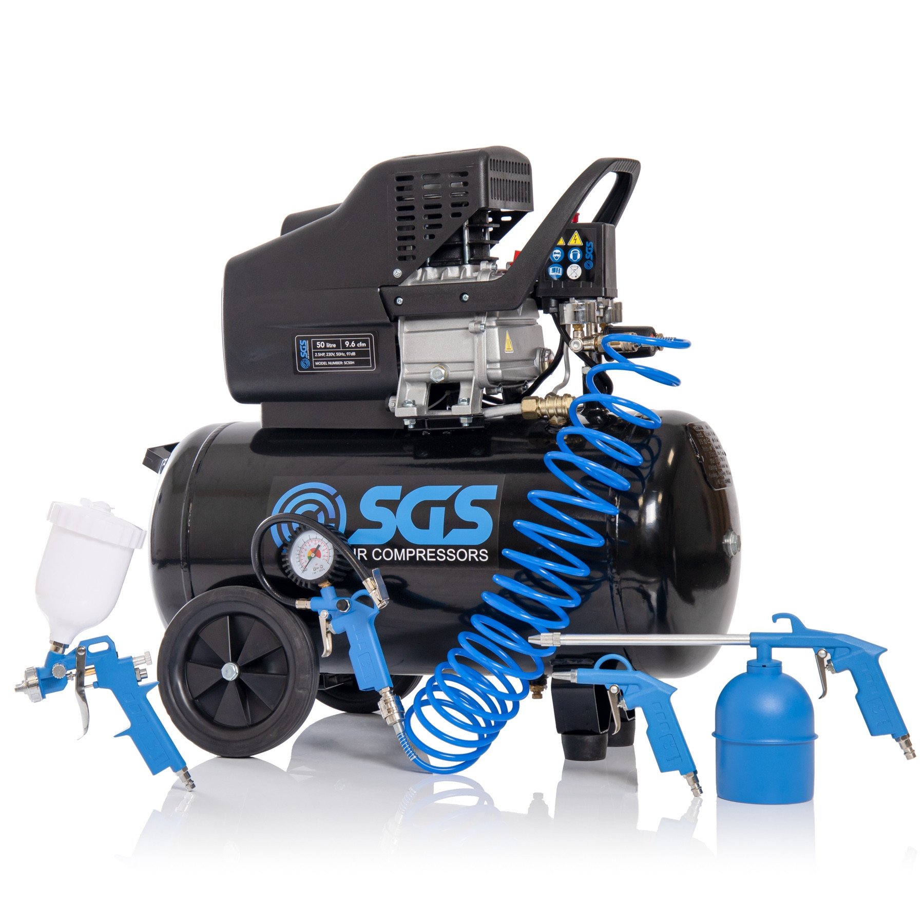 SGS 50升直接驱动空气压缩机和5件工具套件-9.6CFM 2.5HP 50L