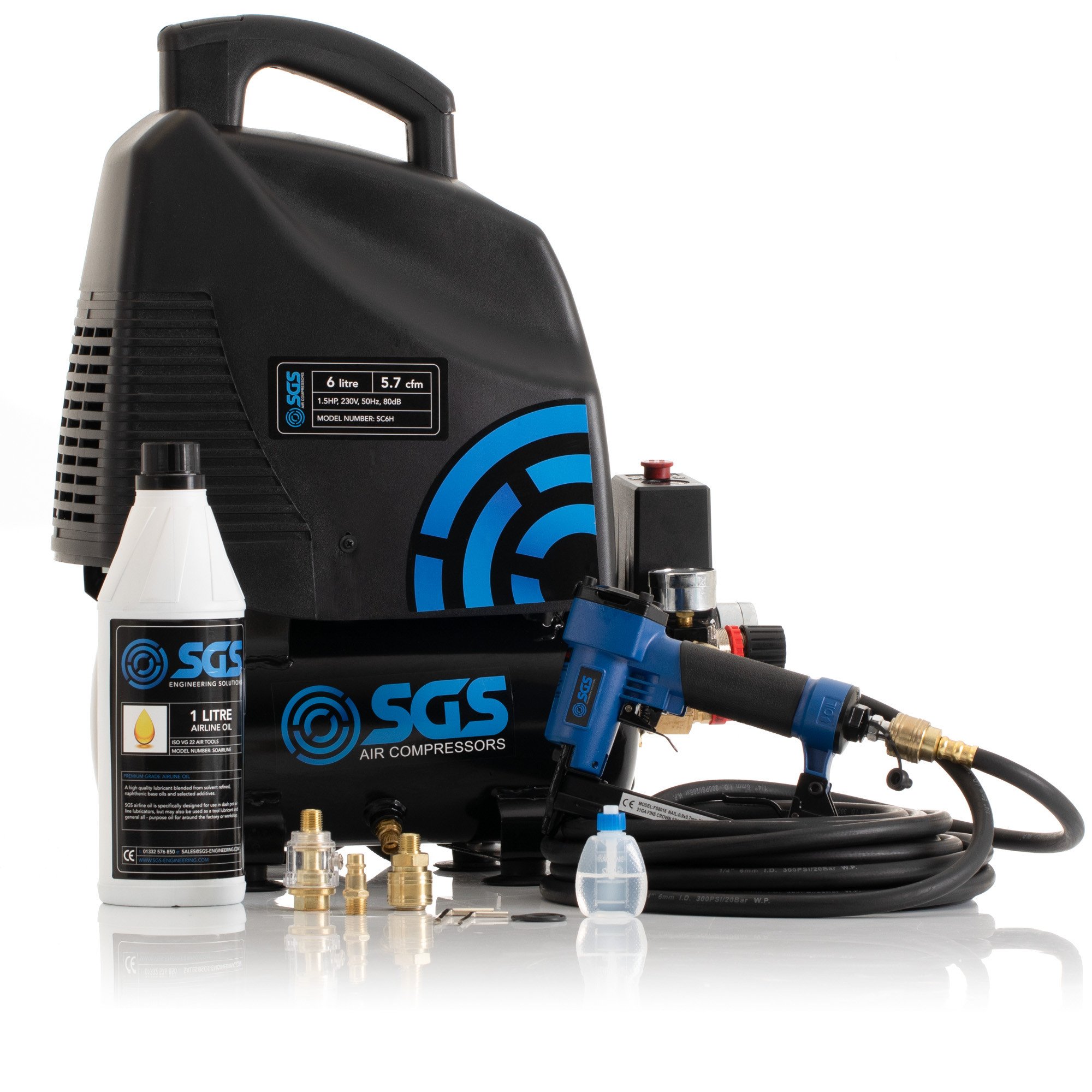 SGS 6升无油直接驱动空气压缩机和短钉枪套件- 5.7CFM 1.5HP 6L
